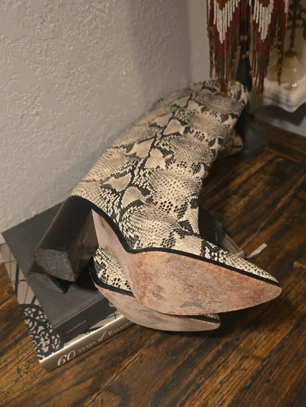 SCHUTZ Snake-Print Over-the-Knee Boots in Beige & Black